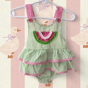 Nannette Baby Watermelon Lime Green Seersucker Ruffle Bubble Romper Sz 12M